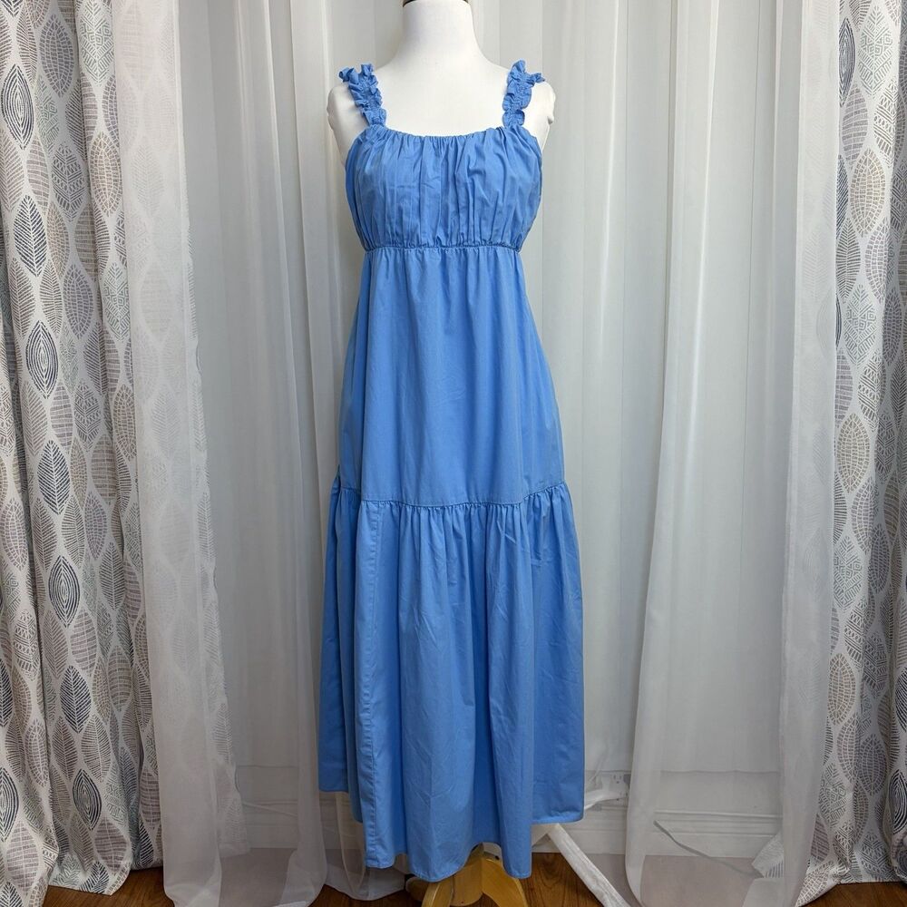 Abercrombie & Fitch Tiered Bow Back Ruffle Poplin Maxi Dress coastal blue Size M
